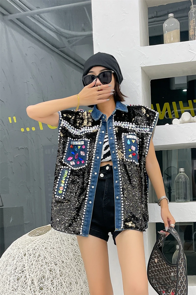 Cakucool European Style Denim Vest Women Embroidery Sequins Crystal Beading Sleeveless Jacket Chic Fashion Dance Vest Plus Size