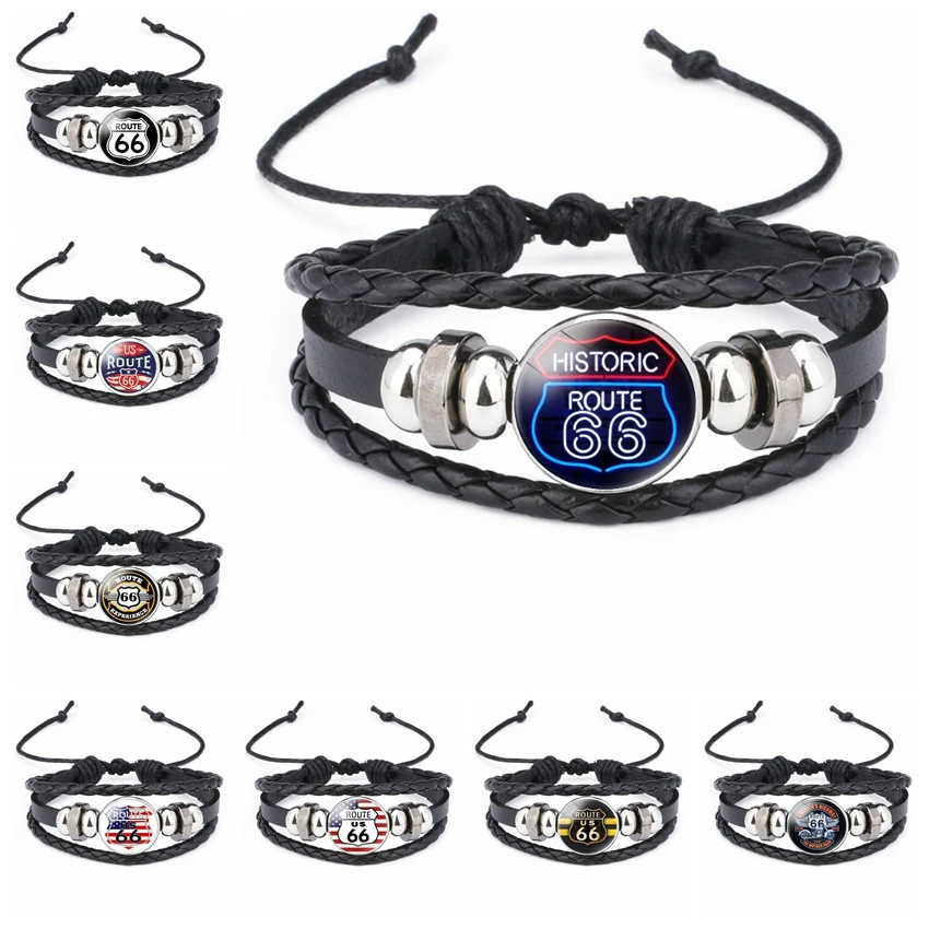 Popular Jewelry Glass Pendant Leather Bracelet Route 66 Mother's Road Element Bracelet Unisex Gifts To Family or Friends