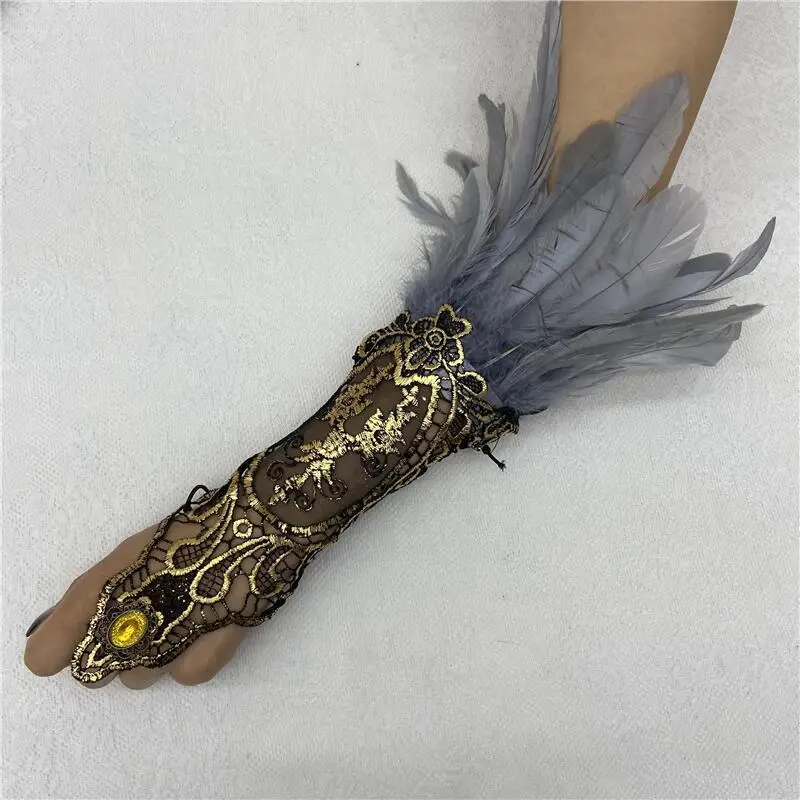 Halloween Cosplay Feather Gloves Gothic Style Bracelet Role Play Hollow Gold Lace Arm Set Bracelet