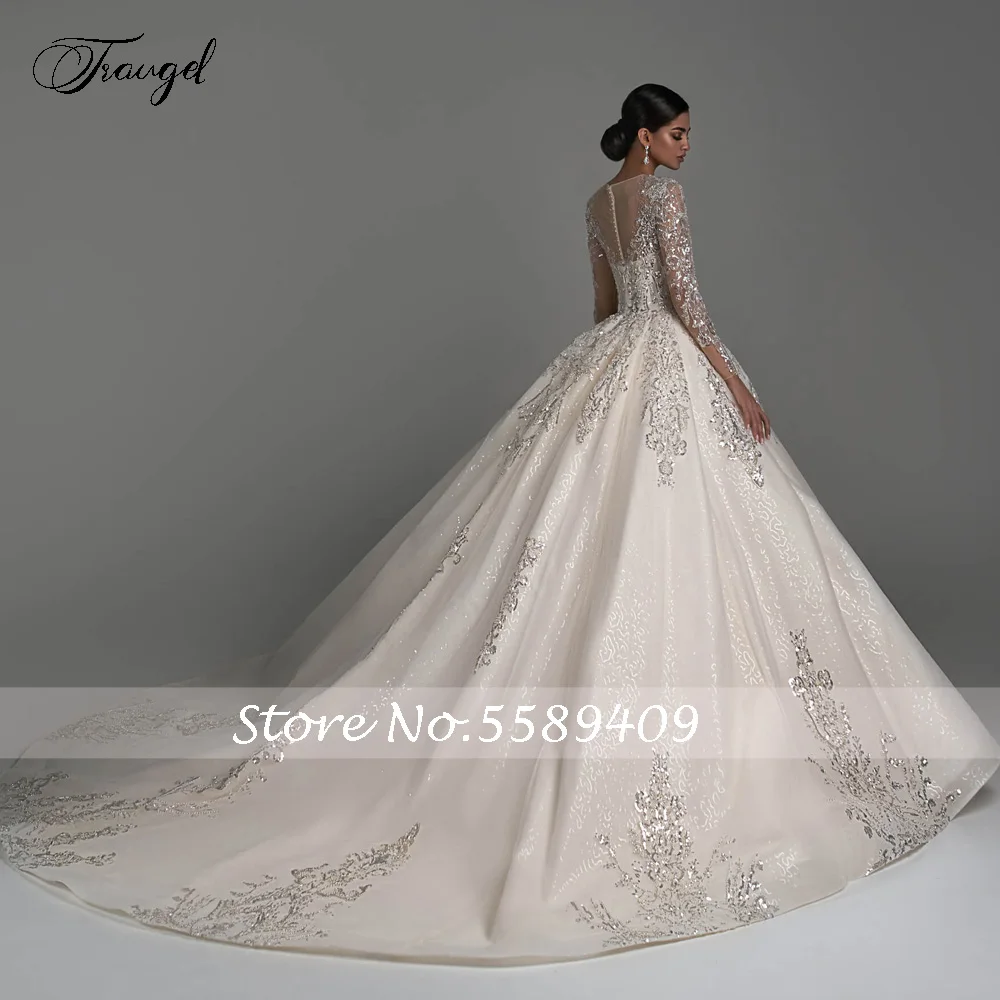 Traugel Ball Gown Luxo Vestidos De Noiva O-Neck Manga Longa Vestido De Novia Lace frisada Capela Trem Glamorous Vestido De Noiva