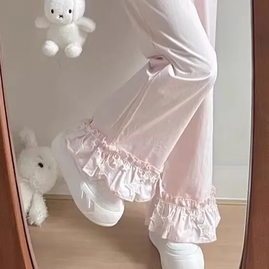 الكورية نمط لوليتا المرأة عالية الخصر السراويل لطيف ستار الدانتيل بنطال ذو قصة أرجل واسعة Y2k طالب Sweatpants عادية فضفاض Kawaii بنطلون