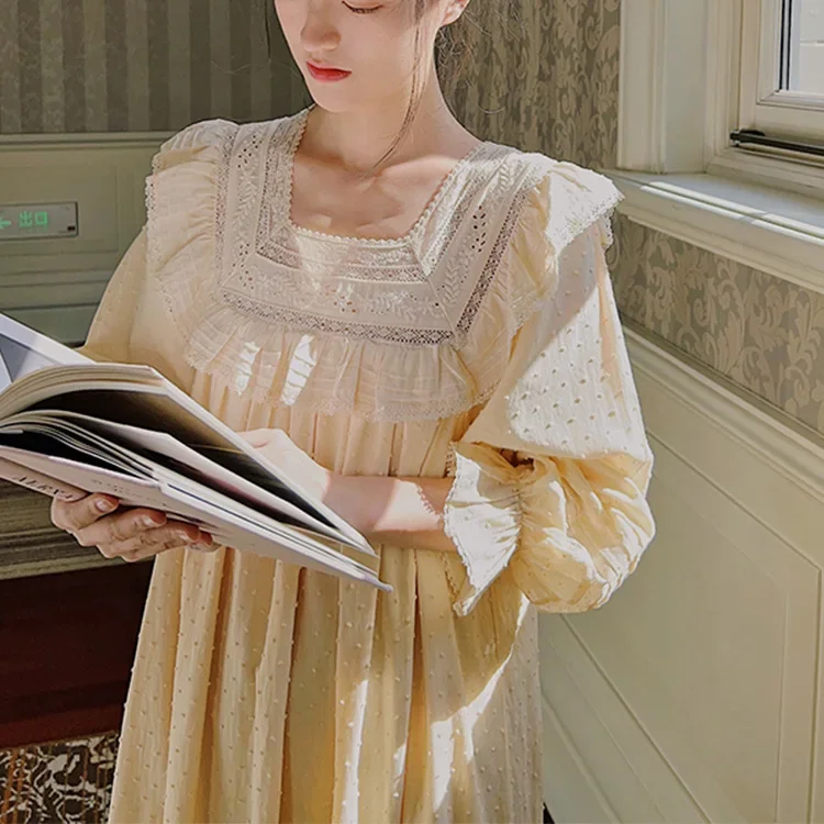 Autumn Winter Pure Cotton Night Dress Women Sweet Long Sexy Nighty Peignoirs Vintage Lace Nightgowns Fairy Princess Sleepwear