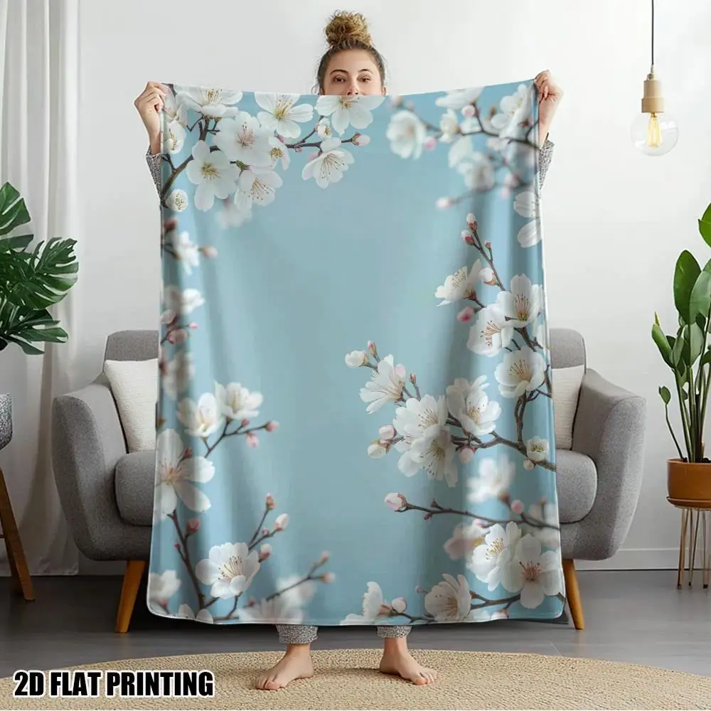 Cherry Blossom Flower Pattern Fleece Blanket Spring Nature Design Soft Cozy Throw Home Decor for Living Room or Bedroom60x80
