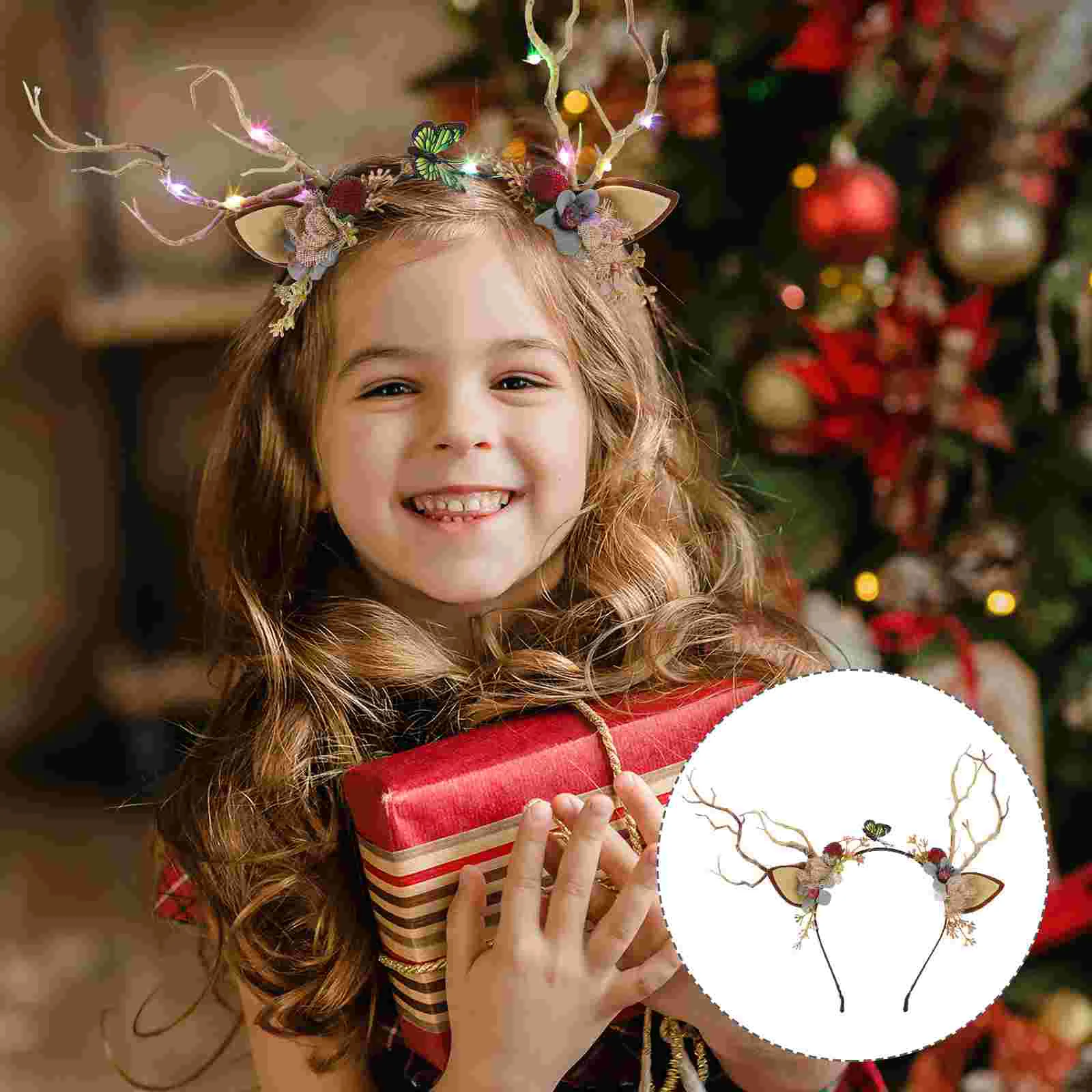 Diadema navideña con astas brillantes, diadema con aro para el pelo para niñas, diadema con astas de horquilla para niños