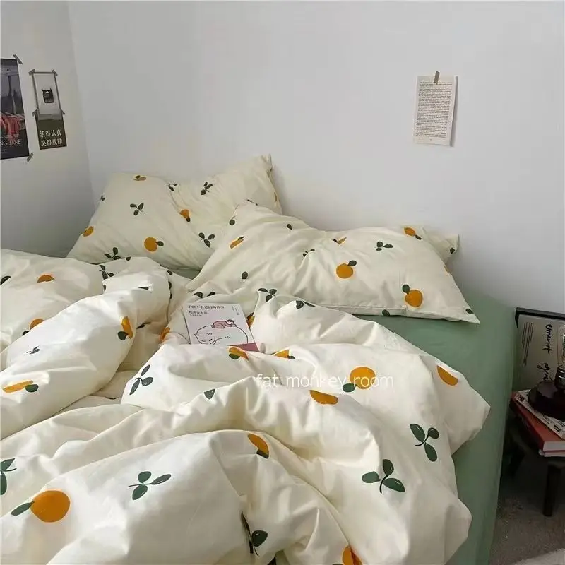 Ins Style Cute Orange Flower Printed Duvet Cover Set with Flat Sheet Pillowcases Single Double Queen Size Girls Home Bedding