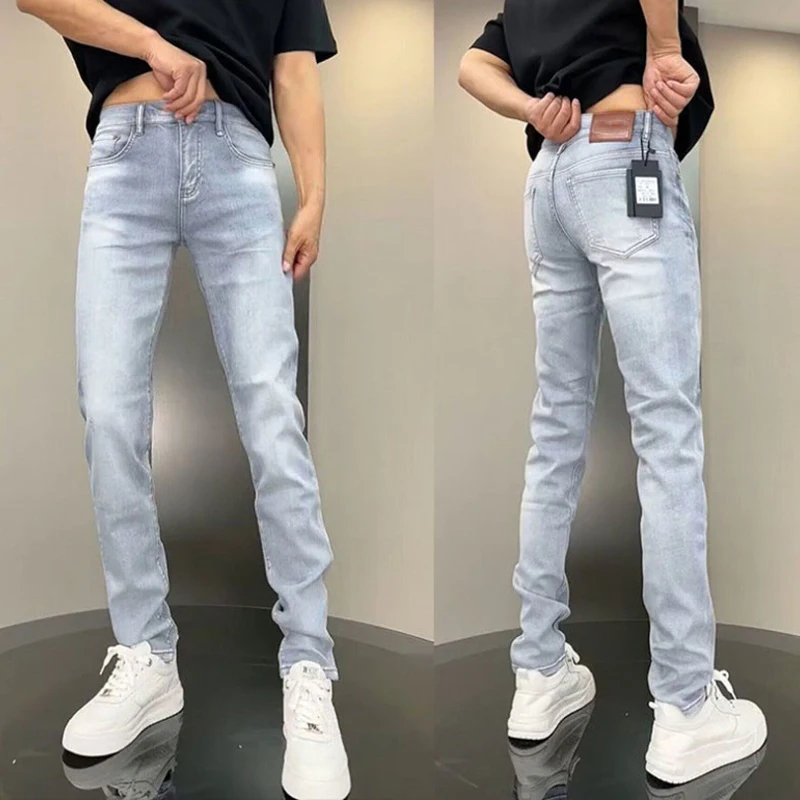 Estate blu confortevole elegante classico Designer Jeans Slim da uomo marchio di lusso coreano moda studente Cowboy Soild Denim pantaloni