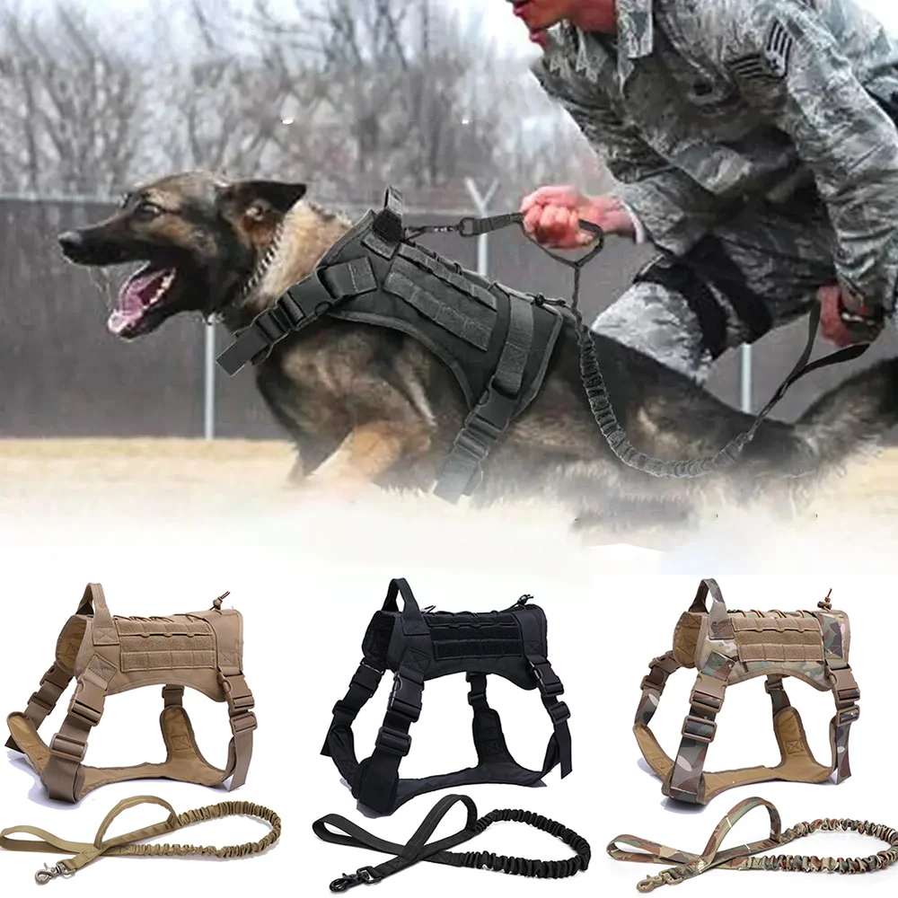 

Large Dog K9 Harness Leash Set Pet Military Tactical Dog Harness Training Adjustable Breathable Molle Vest All Breeds Dogs