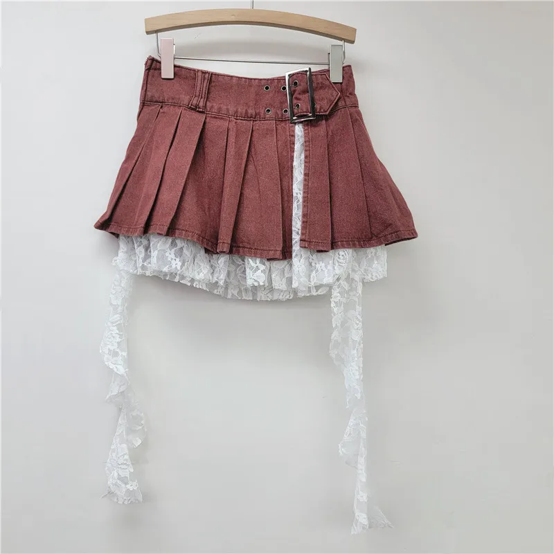 GALCAUR Hit Color Spliced Lace Irrgular Mini Skirts for Women High Waist Patchwork Folds Fashion Cowboy Skirt Female Clothing
