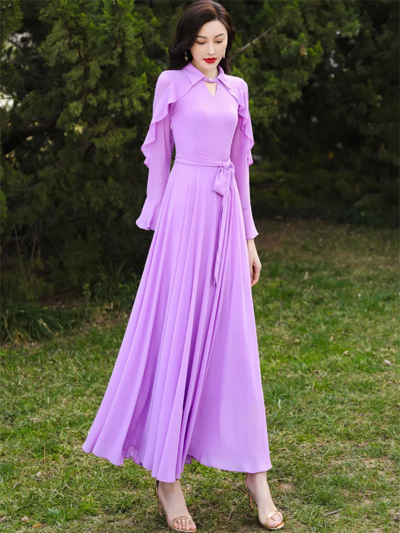 Women Dress Summer Autumn Spring New Purple Long Sleeve Chiffon Beach Casual Elegant Dress Long vestido de mujer
