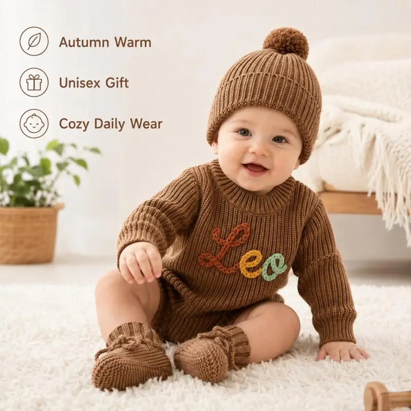 Personalized Baby Knit Romper Custom Embroidered Name Khaki Warm Long Sleeve Infant Bodysuit Unisex Newborn Baby Clothing Gifts
