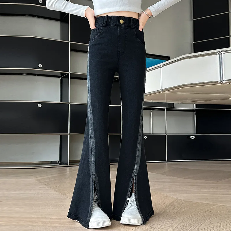 Girls Pants 2024 Autumn New Childrens Clothes Girls Baby Foreign Elastic Slimming Open Fork Jeans Flared Pants Casual Simple