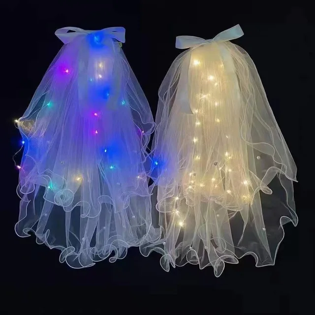 Świecący welon ślubny LED Light Bowknot Perłowy welon świecący w ciemności Party Favor Ślub Urodziny Party Cosplay Akcesoria do włosów