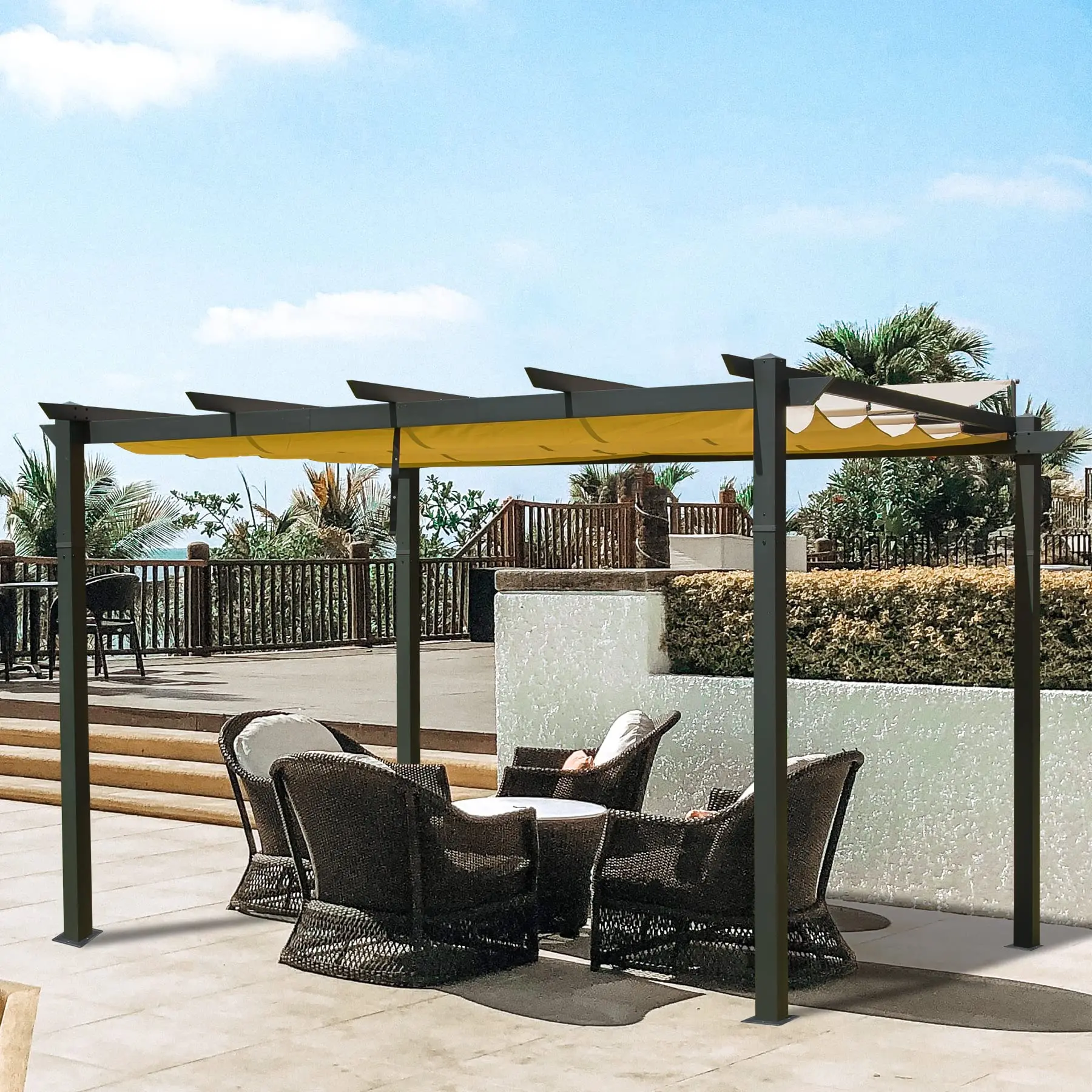 ！@10X13FT Outdoor Retractable Aluminum Garden Pergola Weather-Resistant Canopy for Patio Grill Gazebo Courtyard