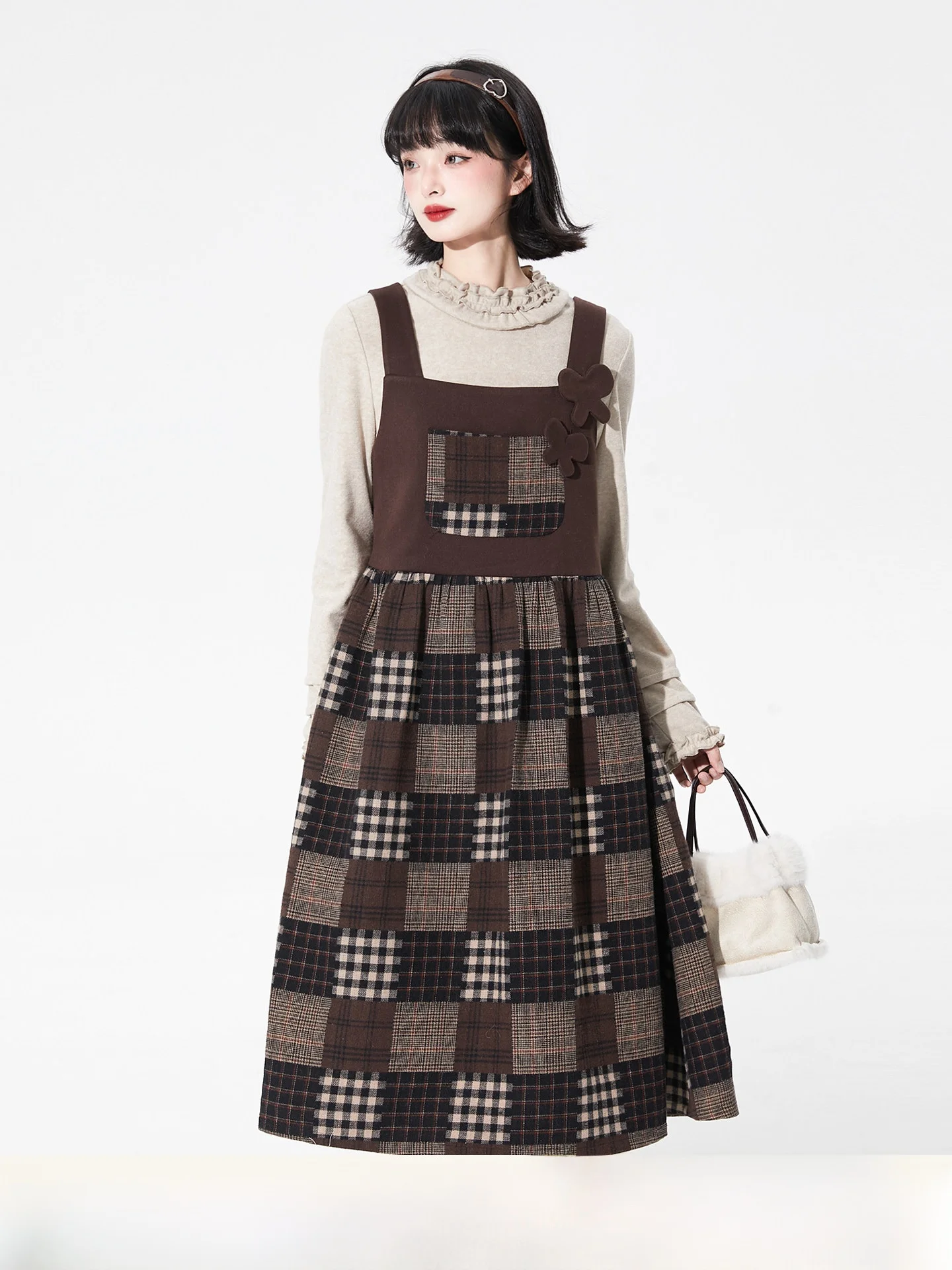 

Retro Patchwork Color Blo Plaid Woolen Overalls Skirt for Women Autumn Winter High Waist Polyester Viscose Spandex Blend
