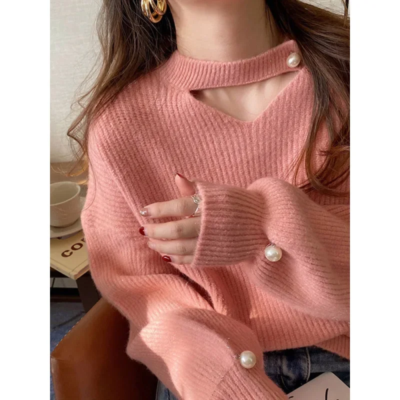 2024 Autumn Winter New Loose-Fit Knitted Top Pink Hollow Out V-Neck Sweater Women's Niche Sensibility Korean Style Pullover