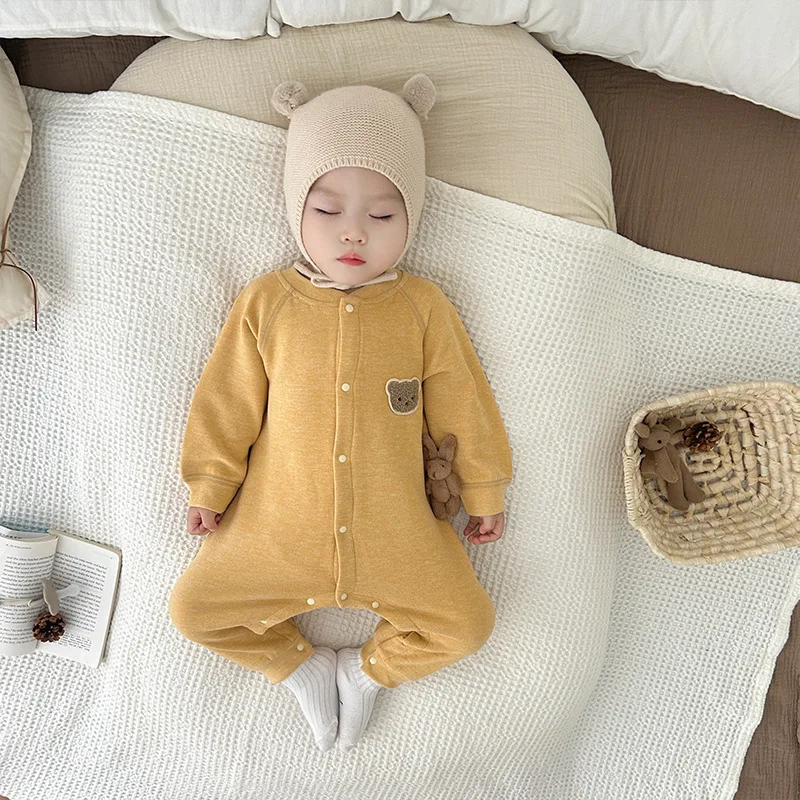 MILANCEL 0-2Y New Autumn Baby Clothes Newborn Romper Skin-friendly Underwear Infant Cartoon Bear Seamless Jumpsuit Sleepwear