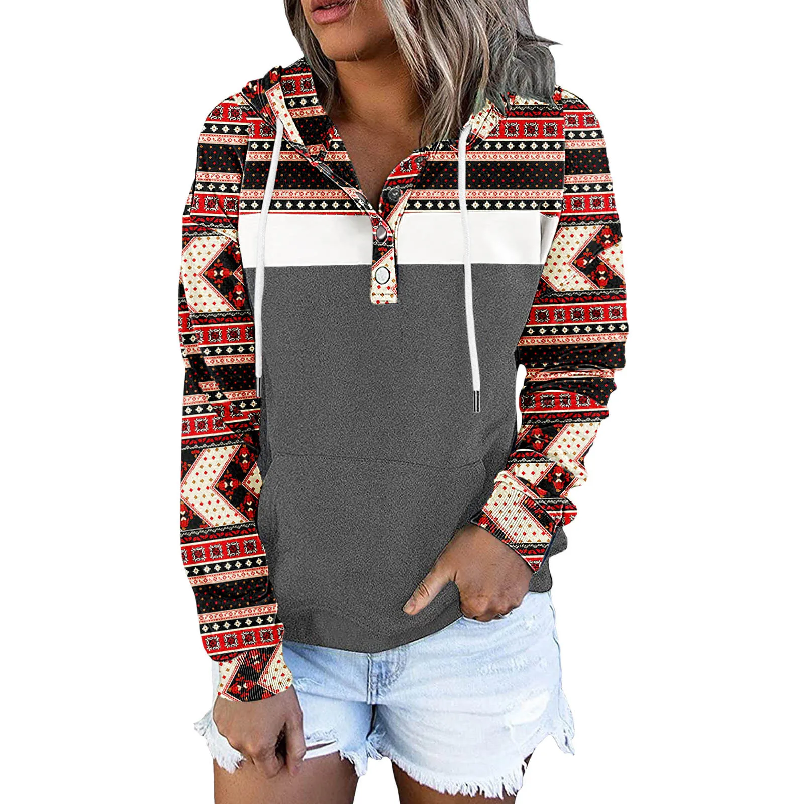 Ladies Top Button Hoodie Pocket Drawstring Long-Sleeved Printed Pullover Blouse Bluza Damska Hoodies For Women Loose Sweatshirt