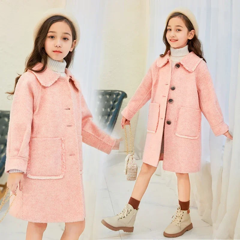 2024 Spring Autumn Long  Jacket Girls Kids Clothes Korean Woolen Coat Whole Outerwear Child Fashion Overcoat 3 To 6 8 14 Years