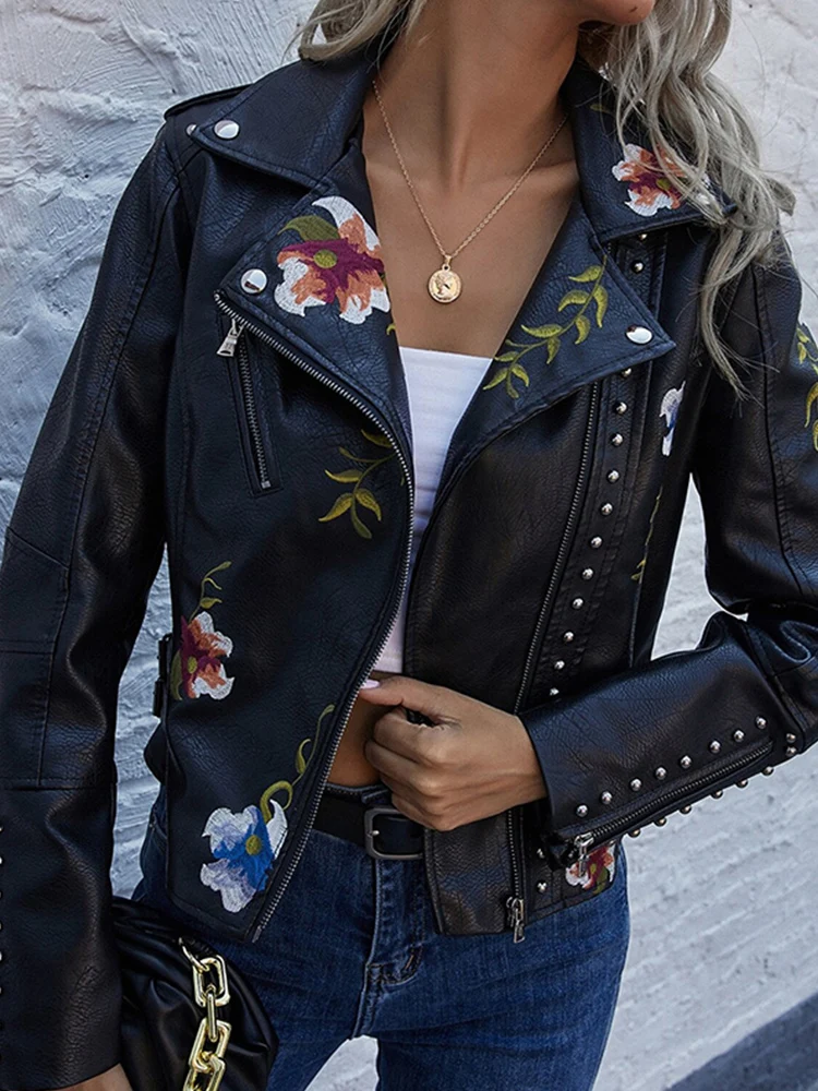 Floral Print Embroidered Faux Soft Leather Jacket Women\'s Pu Motorcycle Jacket Women\'s Black Punk Studded Jacket For Women