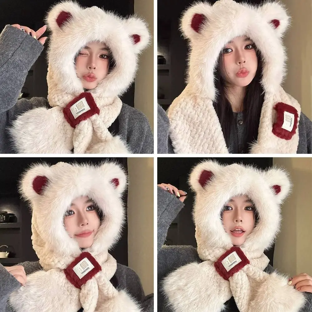 Gorro integrado de felpa bonito para invierno, bufanda cálida y gruesa con protección para los oídos, gorro informal a prueba de viento, bufanda para mujer