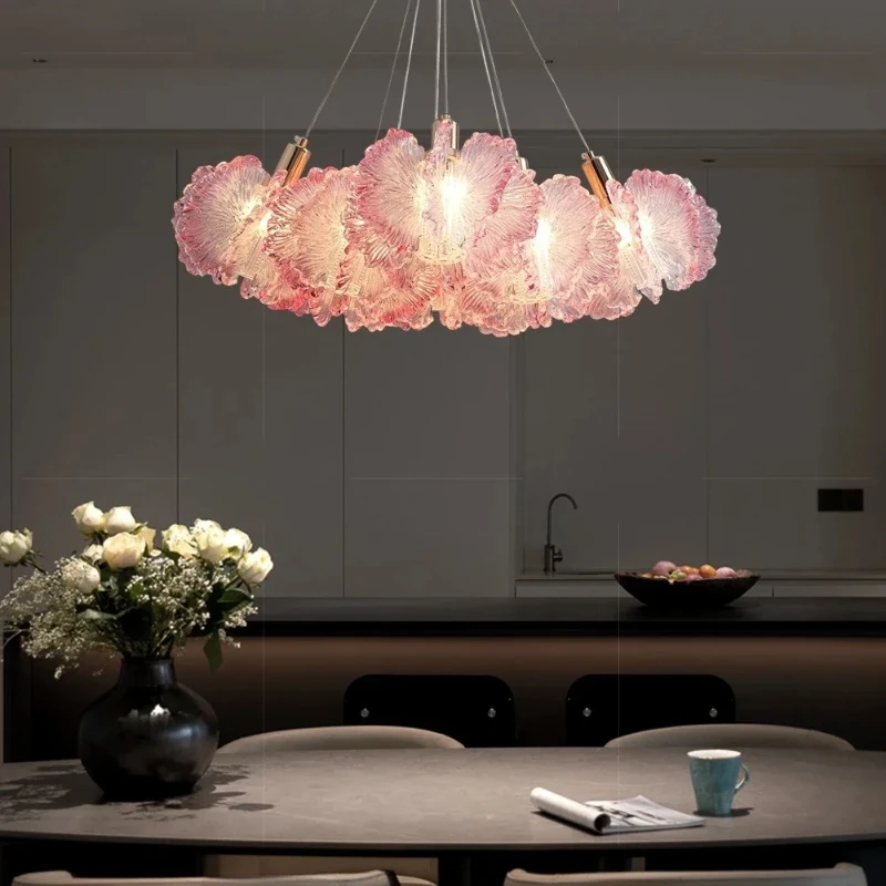 

2025 Modern Pink Colorful Floral Glass LED Chandelier lustre Cream style design Ceiling for living room luminaire