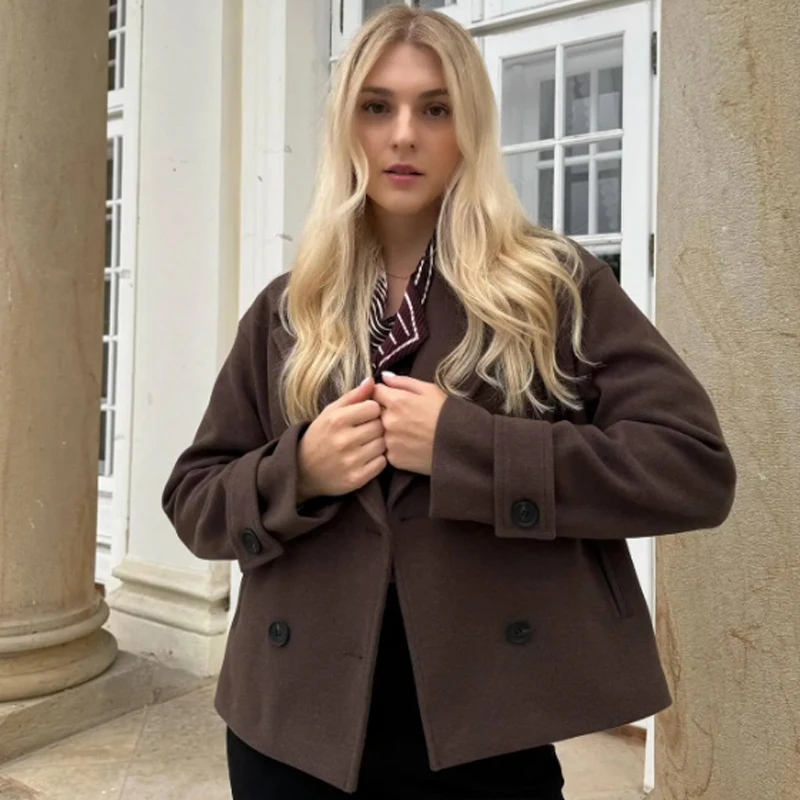 HXAO Mode Tweed Bruine Jas Dames Winterjas 2025 Crop Lange Mouw Jassen Chique Elegante Double-Breasted Anorak Outerwears