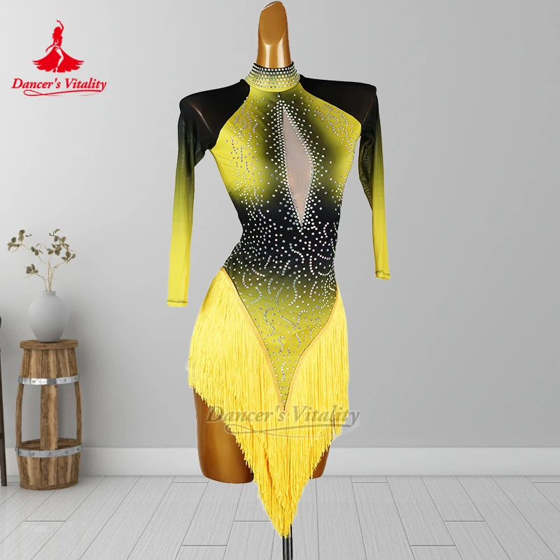Lateinisch Schwarz-Gelb Abstufung Farbe Chacha Stehkragen Quasten Rock Kind Erwachsene Kunstprüfung Kleiden Anpassen Dancer's Vitality