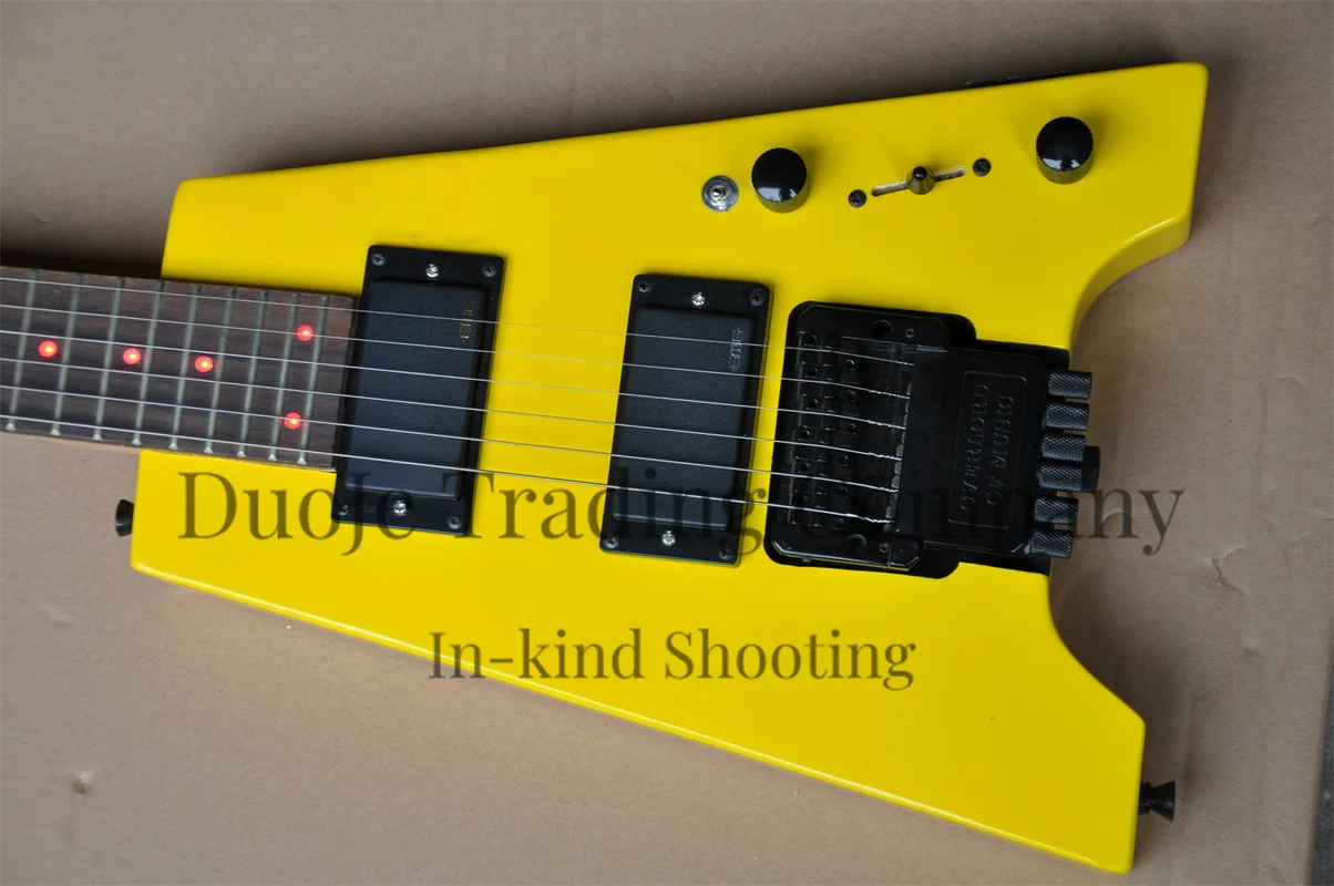 Headless Guitar Yellow body Rosewood fingerboard Red LED Inlay HH pickup Active batteryMaple neck support custom