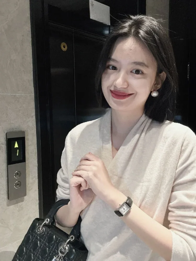 Ele V-Ne Cross Design Strickpullover Casual Commute Long Sve Einzigartiges Top Damen French Sle Loose Fit Farbe