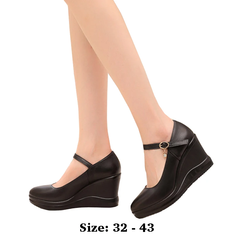 

high quality leather wedge shoe for women 8cm high heel platform round toe 32 33 43 elegant fashion shoe black white