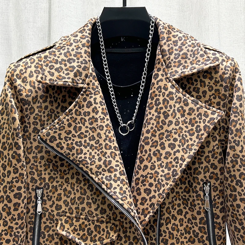 PFHQ Autumn Winter New Leopard Print Men\'s Short Jacket Fashion Motorcycle Wear Imitation Suede Coat 2024 Tops 21Z6269