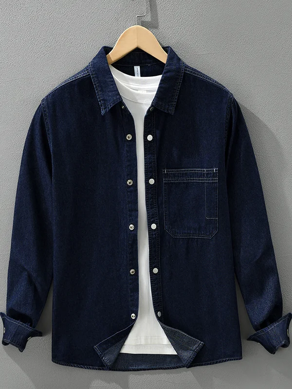 

Retro Original Color Denim Long Sleeve Men's Shirt Autumn Winter Thick Loose Casual Style Pure Color Trendy Outerwear