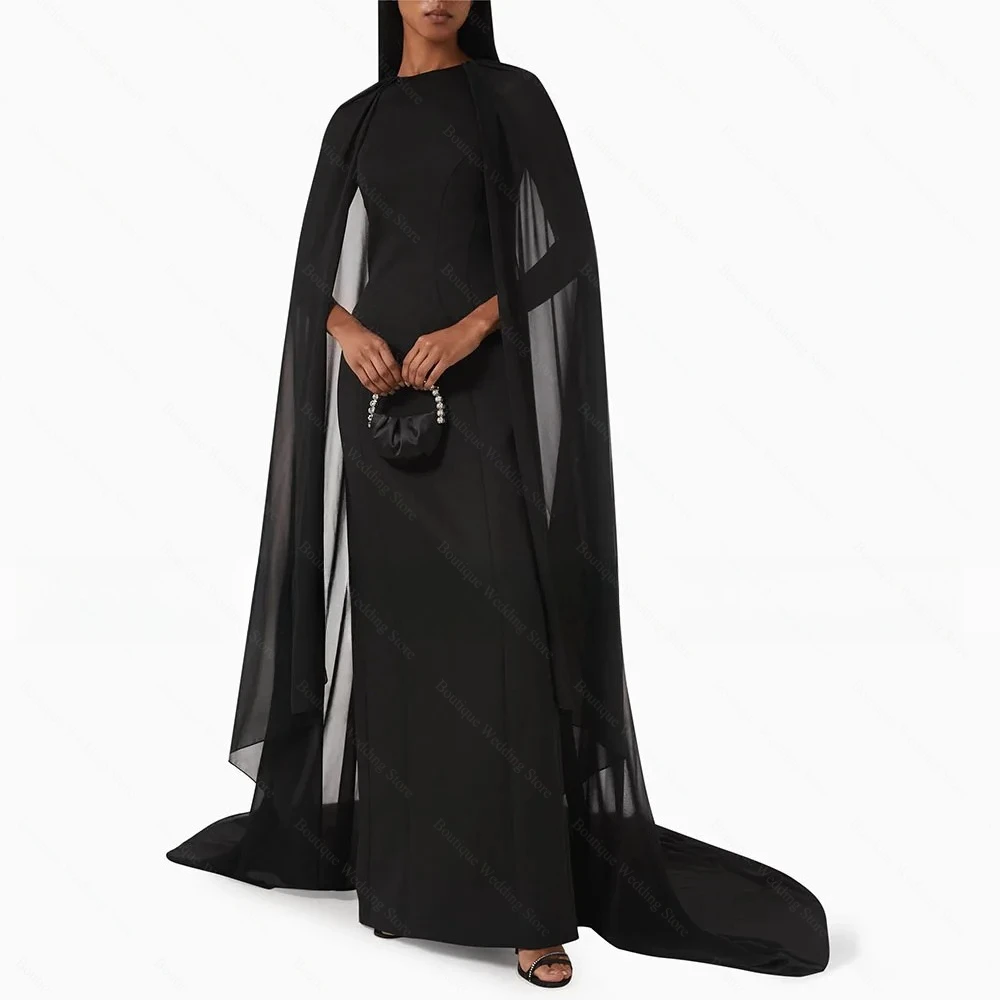 

Black Evening Dresses O-Neck Cape Sleeves Party Gowns Floor Length Elegant Formal Sweep Train Modern Style Prom Dresses