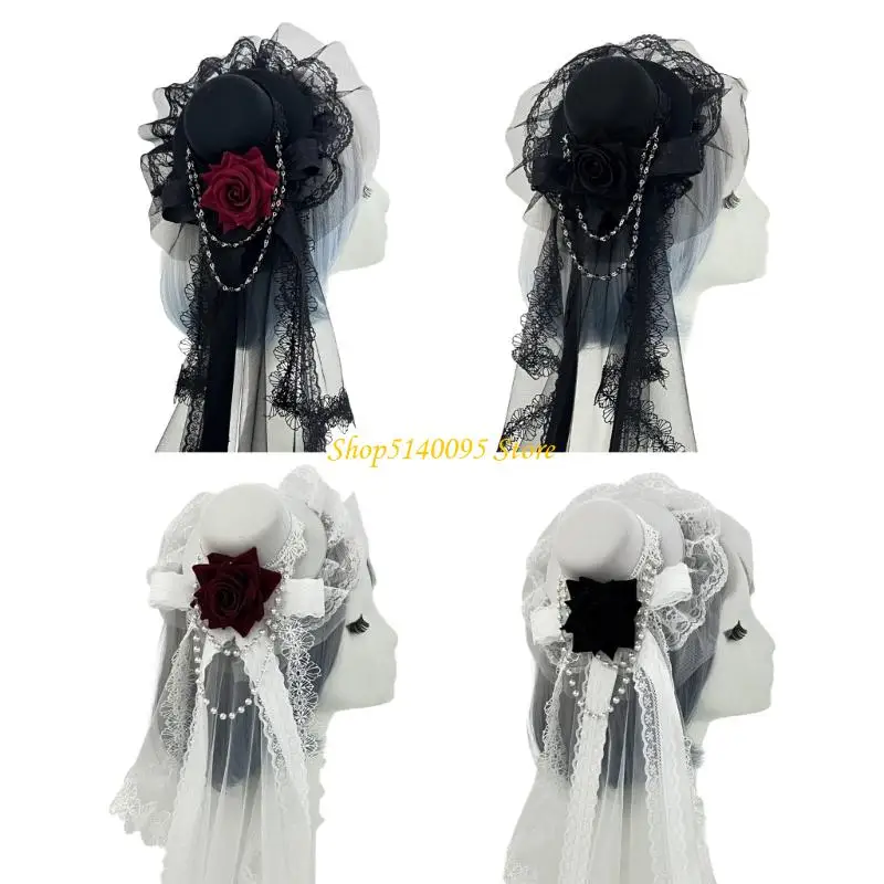 

DXAE Creative Rose Flower Hairpin Top Hat Chain Headwear Gothic Sweet Halloween Party Gift Cosplay Costume Decoration