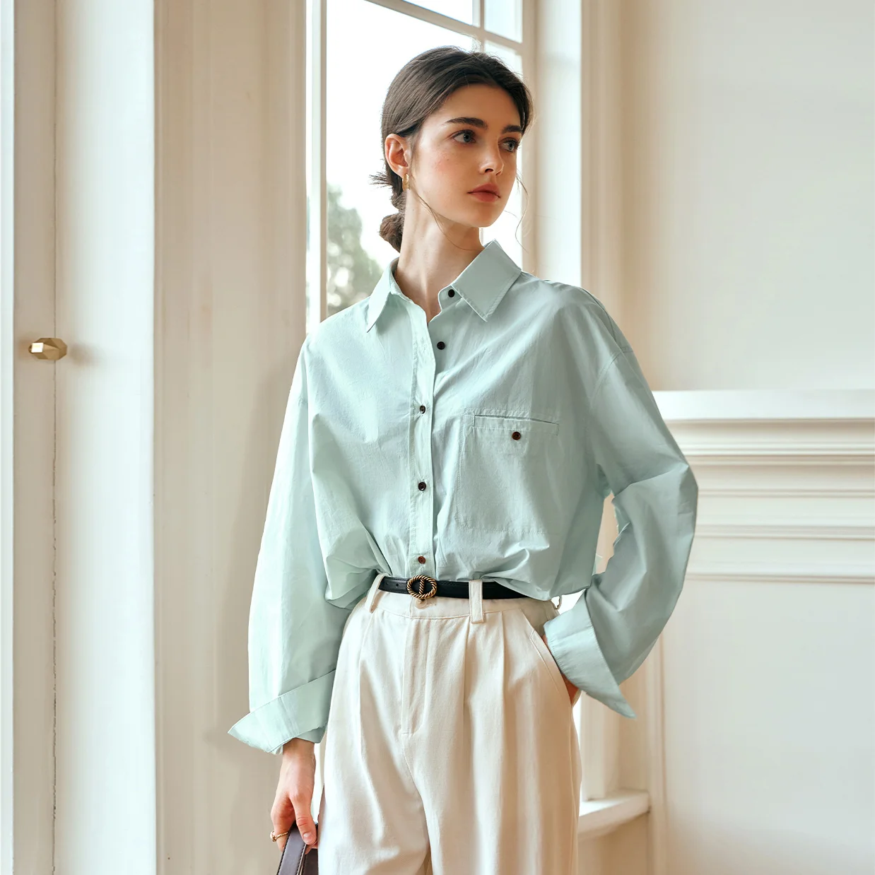OLrain Women's Long-sleeved Shirts Autumn 2026 New Casual Commute Dropped Shoulder Blouse Solid Versatile Loose Tops M57CC95808