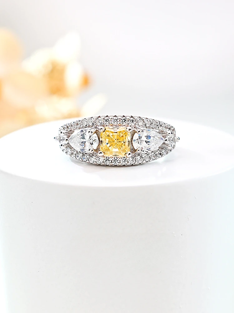 

Light Luxury Yellow Diamond 925 Silver Ring Set with High Carbon Diamond, Versatile and Simple Style, New Daily Style