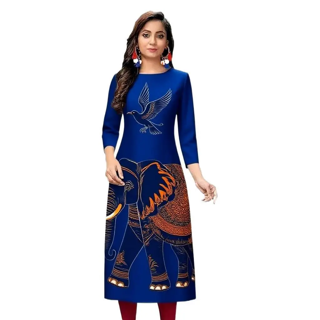 Dress Kurt Women's Fashionable And Elegant Straight Tube Casual Round Neck Color Elephant Pattern Abaya Femme Dubaï