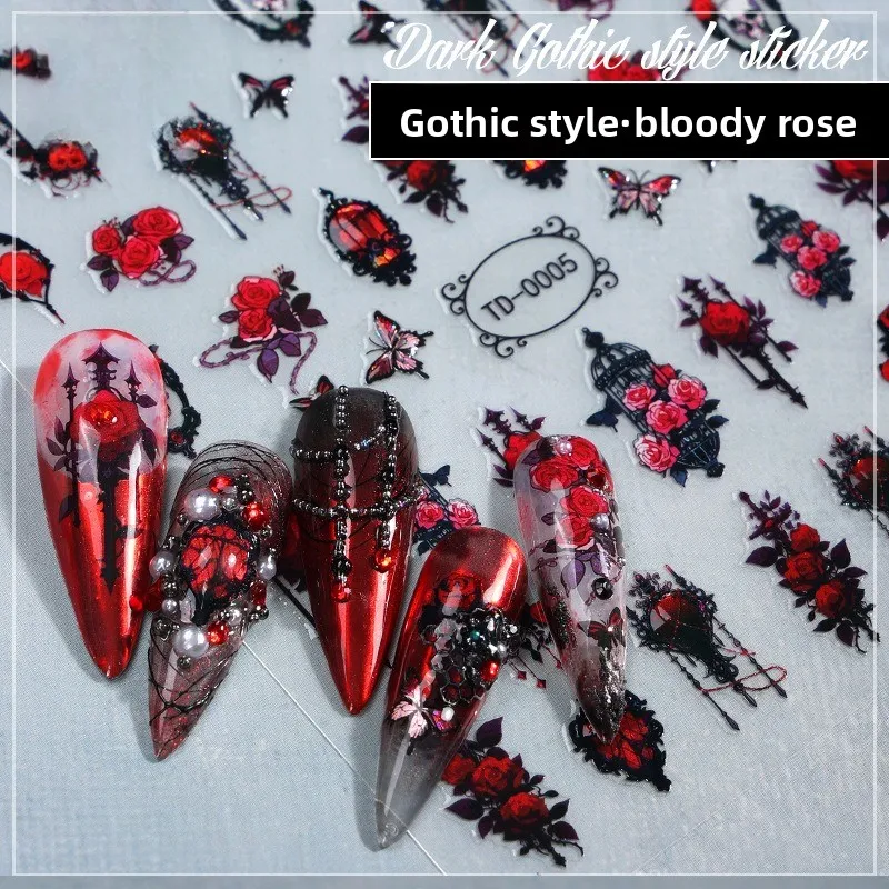 

New Gothic Blood Rose 5d Soft Gel Nail Art Sticker Embossed Diablo Halloween Nail Sticker Nail Decoration Stickers