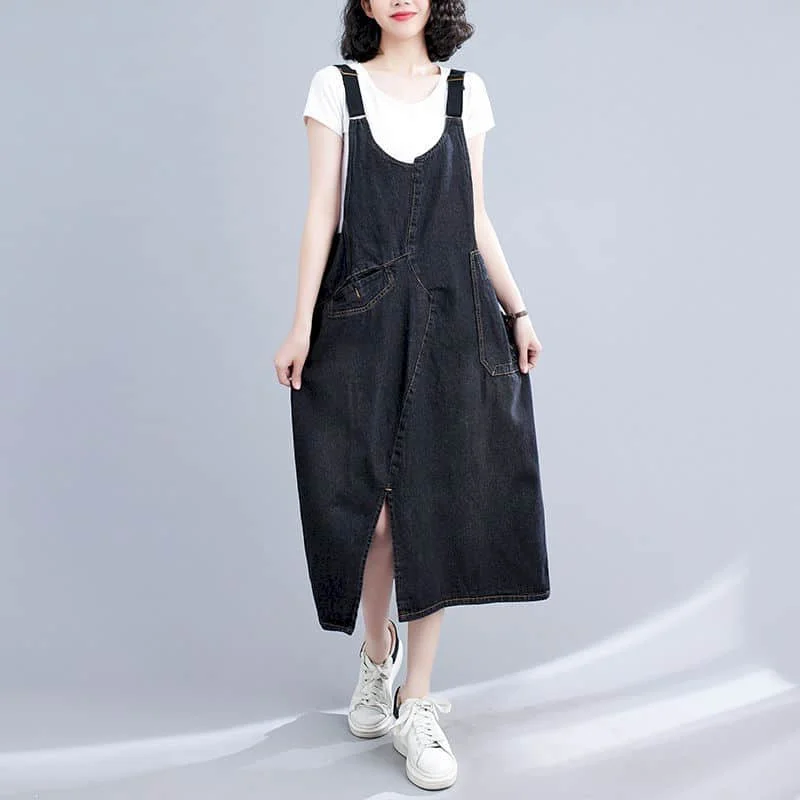 Denim Strap Dress for Women Solid Sleeveless Casual Loose Streetwear Fork Design Korean Style Oversized Vintage Mid-calf Dress