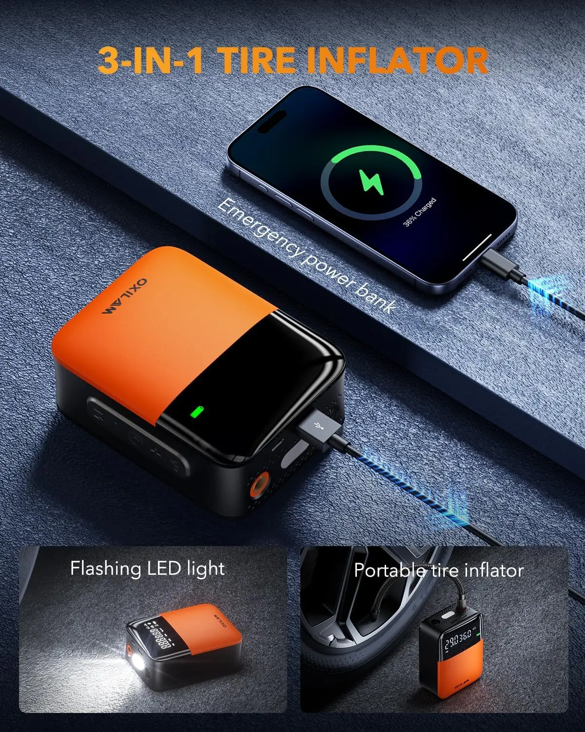 Portable Air Compressor for Car Tires - 150PSI Cordless Pump with Gauge, Fast Inflation for Motorcycle, Bike, Ball