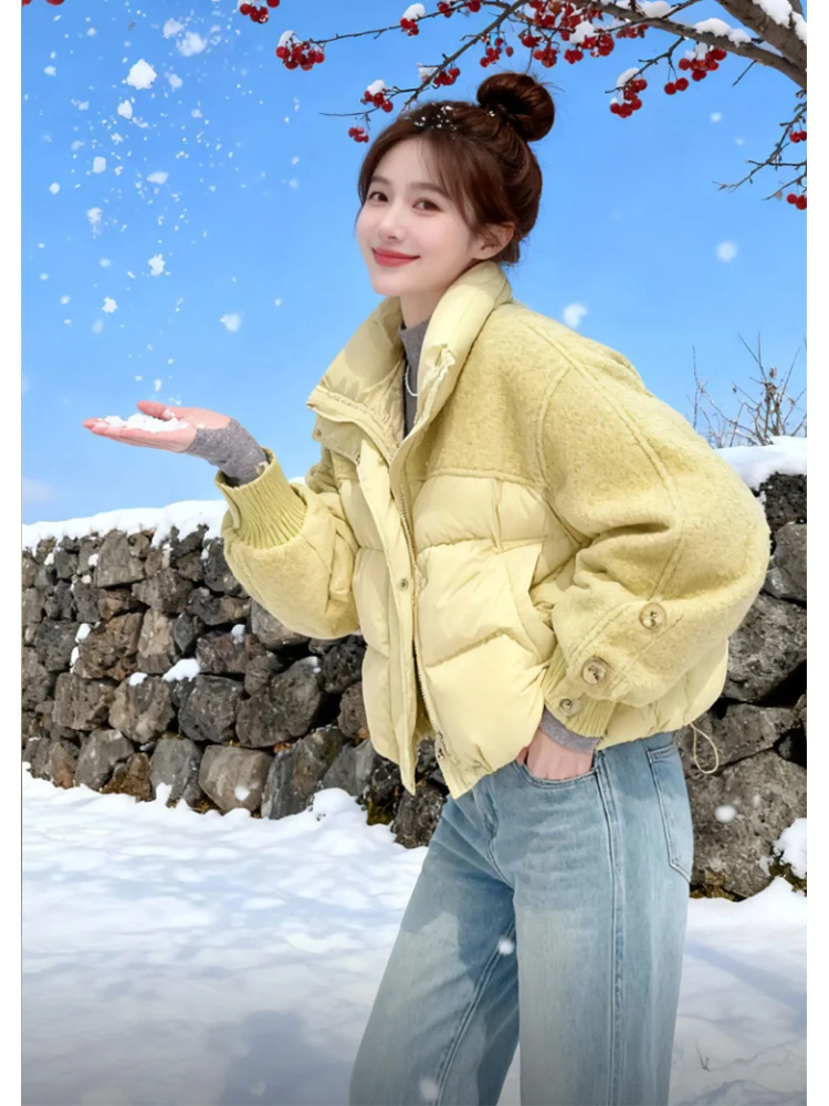 

Yellow Puffer Jaet Women's Thiened Warm Stand Collar Bread Sle Coat Korean Version Loose Fit Long Sve Zipper Closure