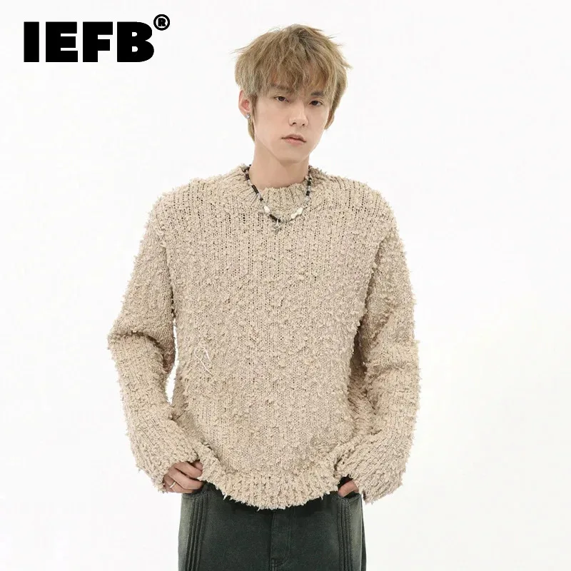 IEFB Autumn Simple Men's Sweater Round Collar Worn-out Solid Color Korean Version Loose Male Pullover Clothing New Trend 9C7636