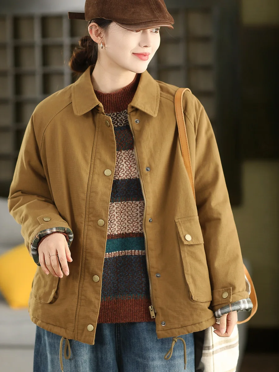 

Thiened Cotton Jaet Winter Vintage Dstring irt Collar Warm Cotton Coat Collar Long Sve Zipper Pure Color Wom...