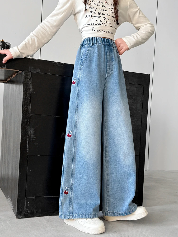 Pantalones vaqueros de pierna ancha con bordado de cerezas para niñas, colección primavera, pantalones de mezclilla para estudiantes de secundaria