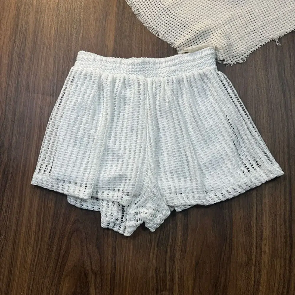 Lockerer Langarm-Badeanzug Pullover mit Lochmuster, gehäkelter Strick-Badeanzug, Sonnenschutz-Strandkleidung, dreiteiliges Set Bademode – Detail 2