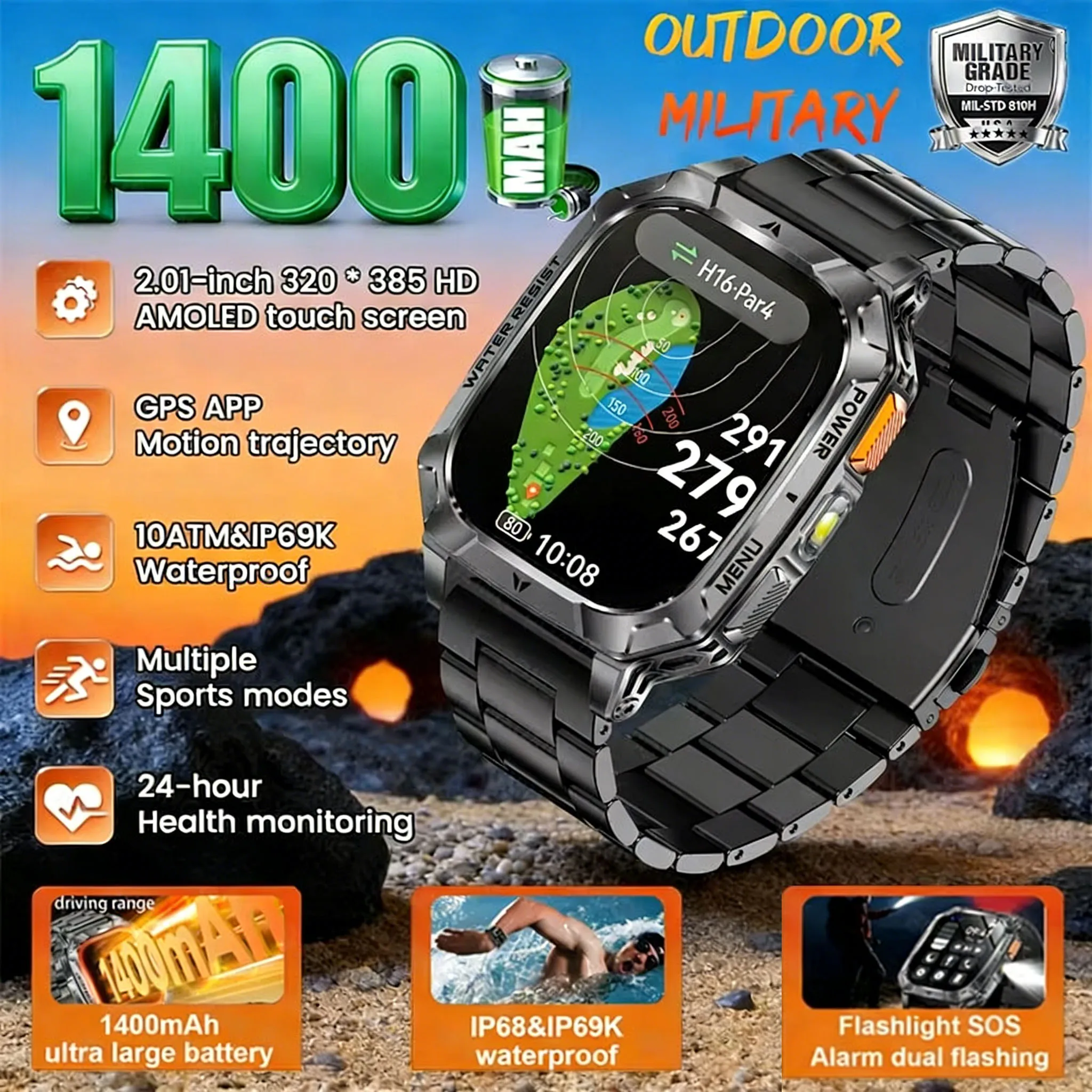 

Смарт-часы для Android и iOS, водонепроницаемые, класс защиты IP68, для фитнеса, спорта и активного отдыха, с аккумулятором 1400 мАч, мужские, умные, военные, новинка 2026 года