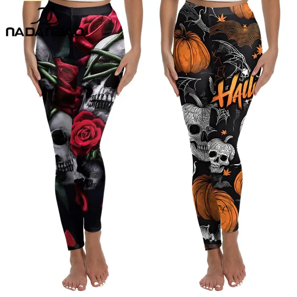 Nadanbao Rose Skull Halloween Leggings for Women Party Pants 3D Digital Print Mid Waist Sexy Slim Tights Gym Fitness Workout