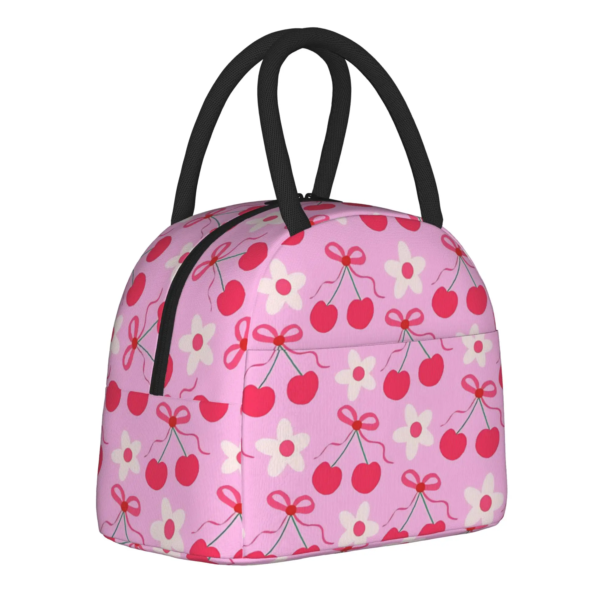 Cherries Insulated Lunch Bag Cooler Bag Reusable,Meal Container Pink Bow Cherry High Capacity Lunch Box Tote Food Storage Bags