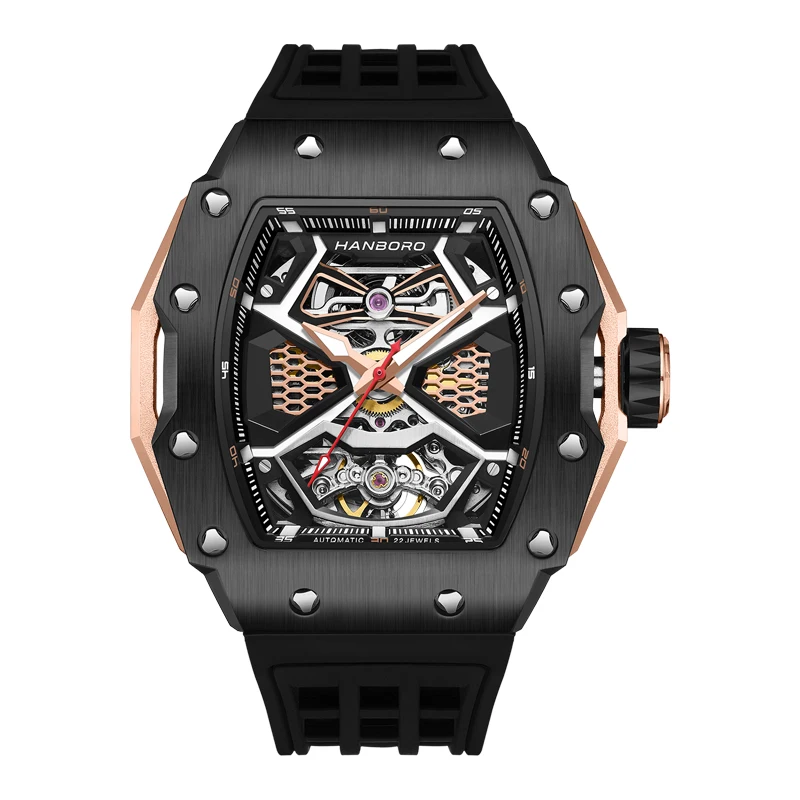 HANBORO Men Automatic Watch Luxury Mechanical Wristwatch Luminous Skeleton Dial Tonneau Barrel Case Waterproof Rubber Strap