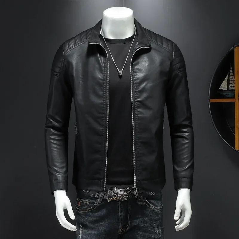 Stand Collar Leather Jacket Men\'s Fashion Jacket 2024New Casual Men\'s Leather Jacket Slim Korean Version Handsome Men\'s Clothing